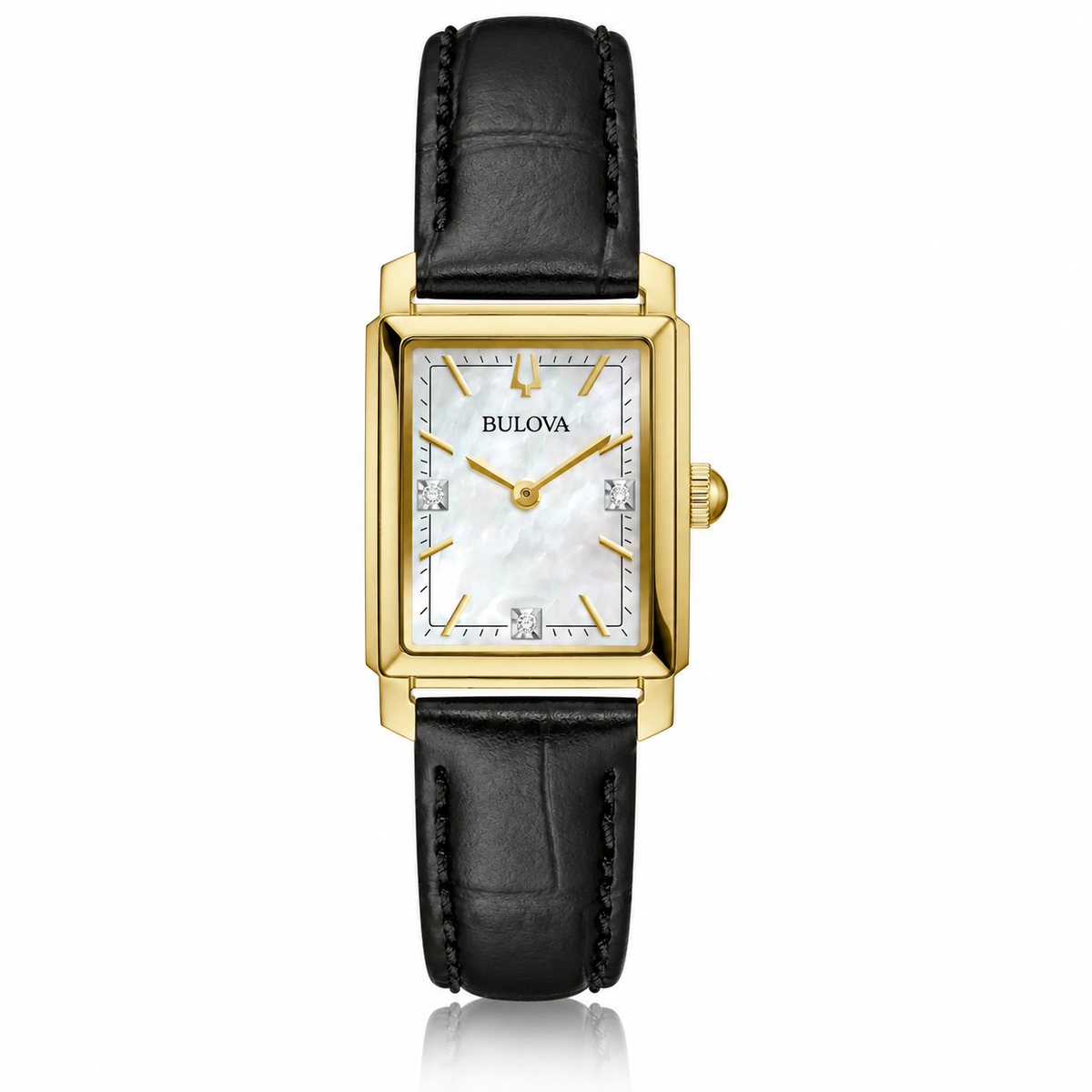 Bulova Sutton 97P166 gold-tone rectangular ladies watch with mother-of-pearl dial and black leather strap