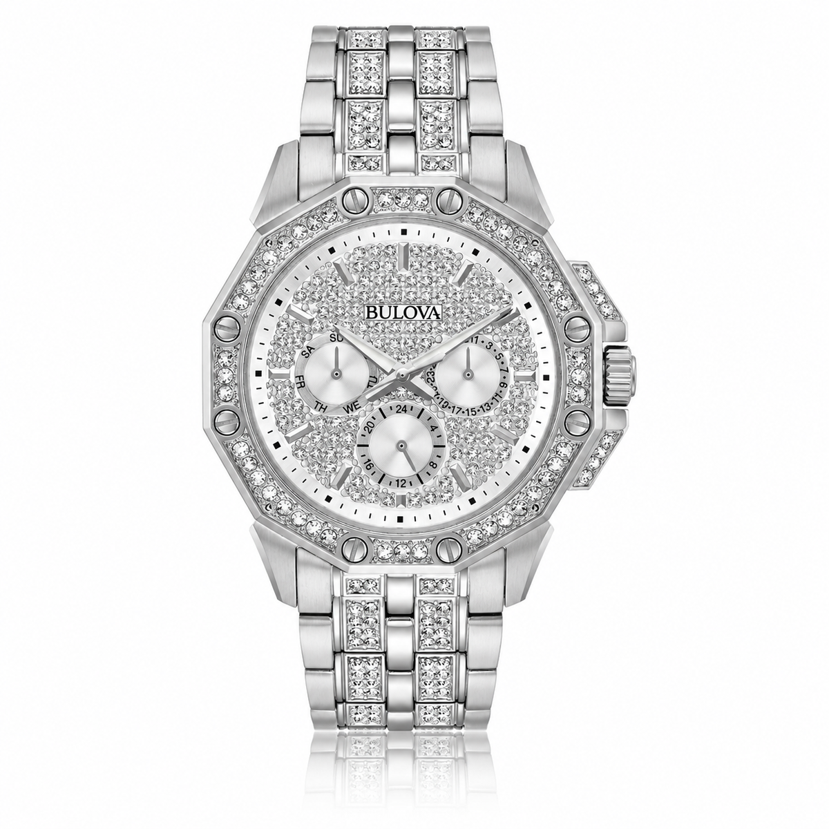 Bulova Octava 96C134 silver-tone steel watch with crystal-set dial and bracelet