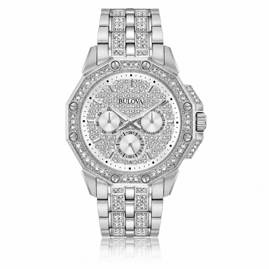 Bulova Octava 96C134 silver-tone steel watch with crystal-set dial and bracelet