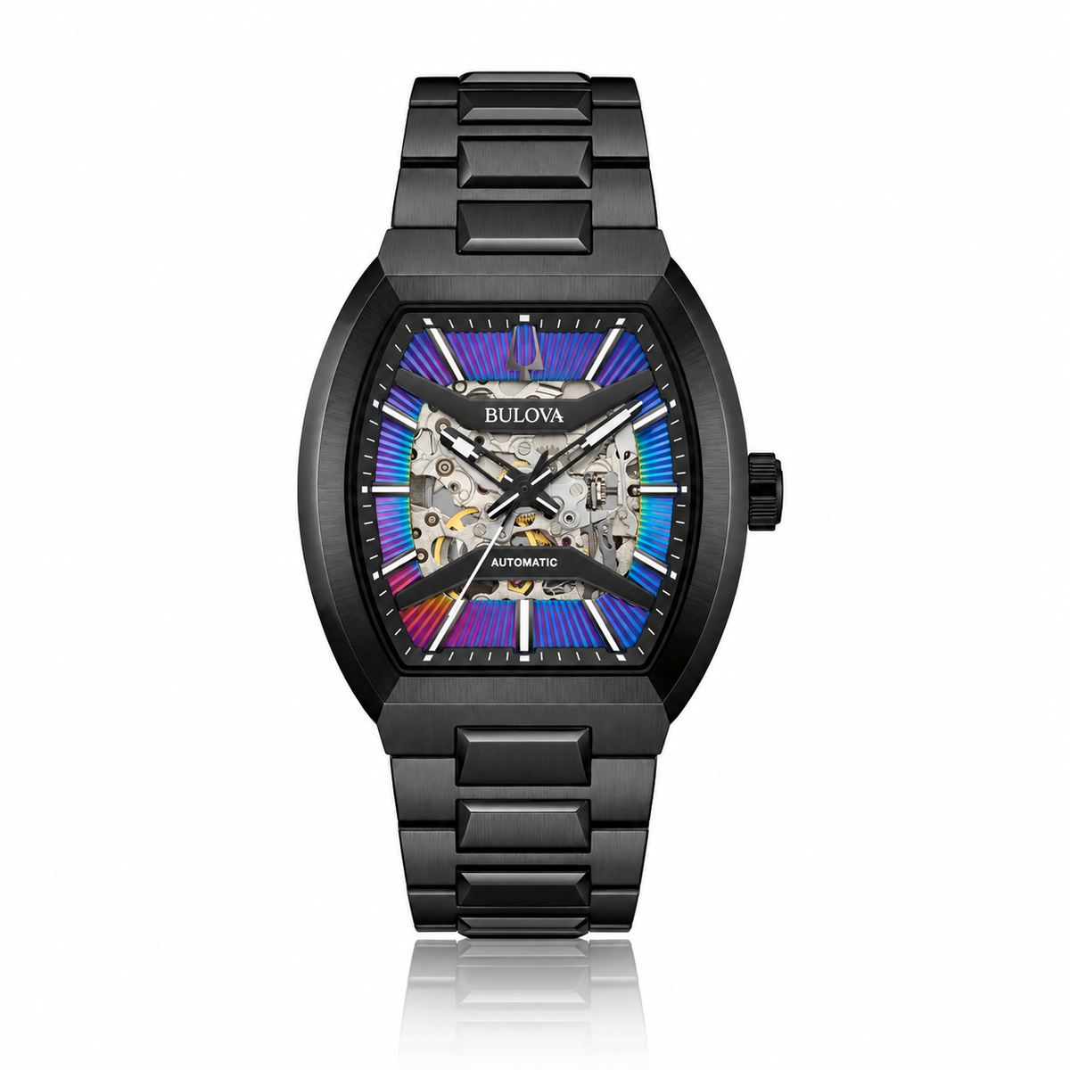 Bulova Maquina 98A320 rainbow skeleton automatic watch with black bracelet