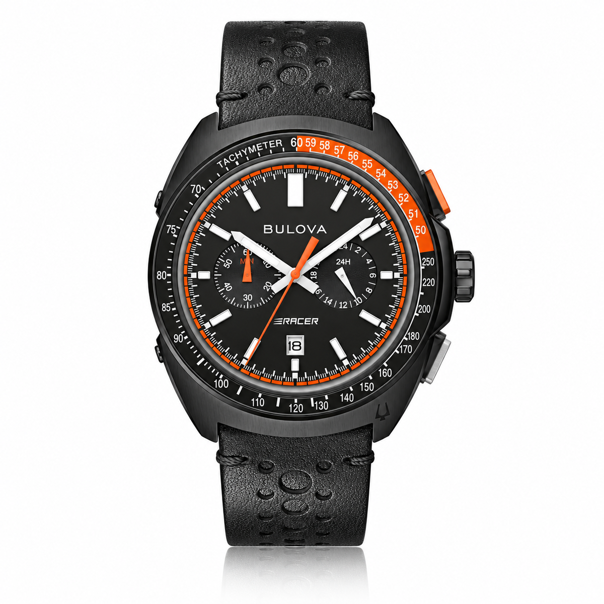 Bulova Racer 98B428 black chronograph watch with orange accents and leather strap