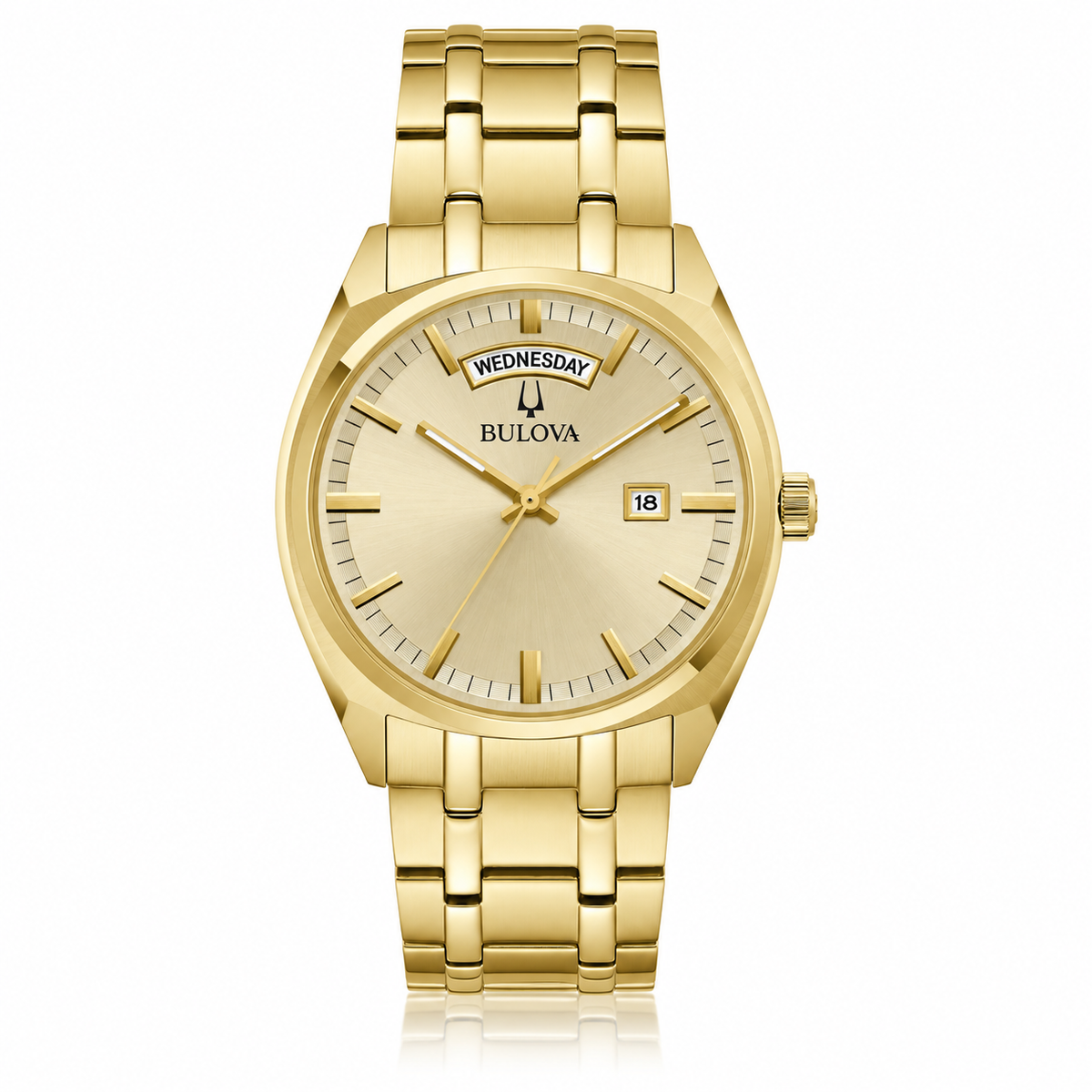 Bulova Surveyor 97C115 gold-tone day-date watch with champagne dial and stainless steel bracelet