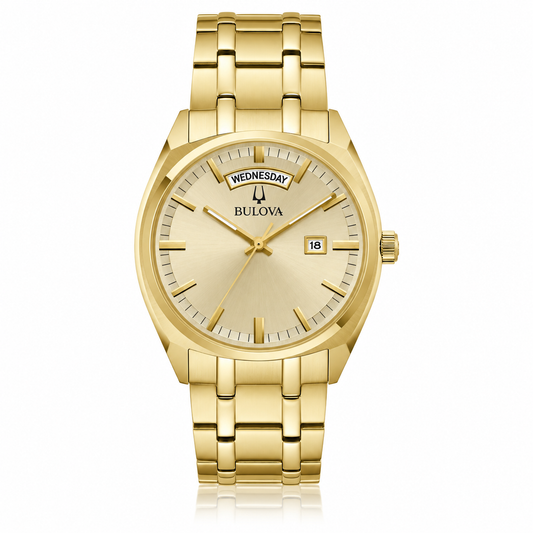 Bulova Surveyor 97C115 gold-tone day-date watch with champagne dial and stainless steel bracelet