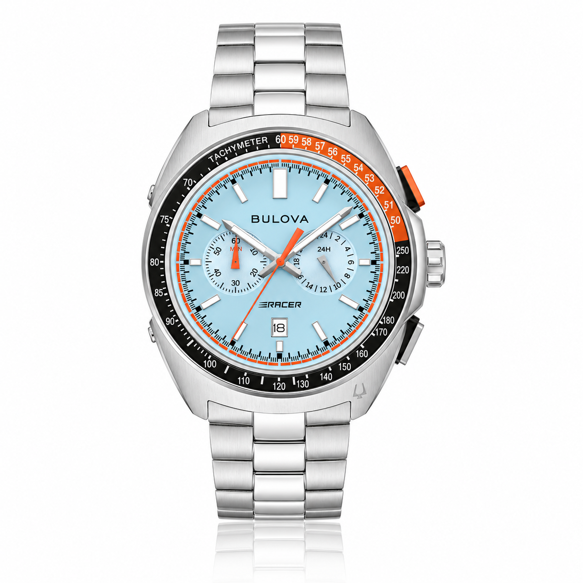 Bulova Racer 98B432 light blue chronograph watch with stainless steel bracelet