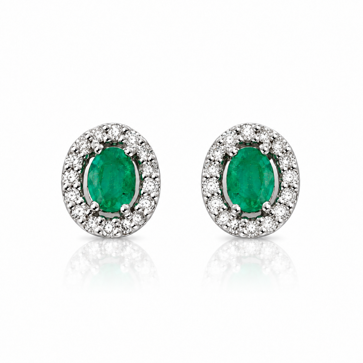 9ct white gold oval natural emerald and diamond halo stud earrings