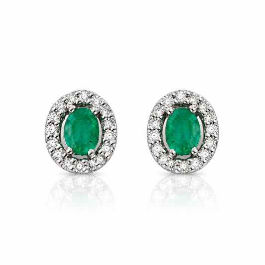 9ct white gold oval natural emerald and diamond halo stud earrings