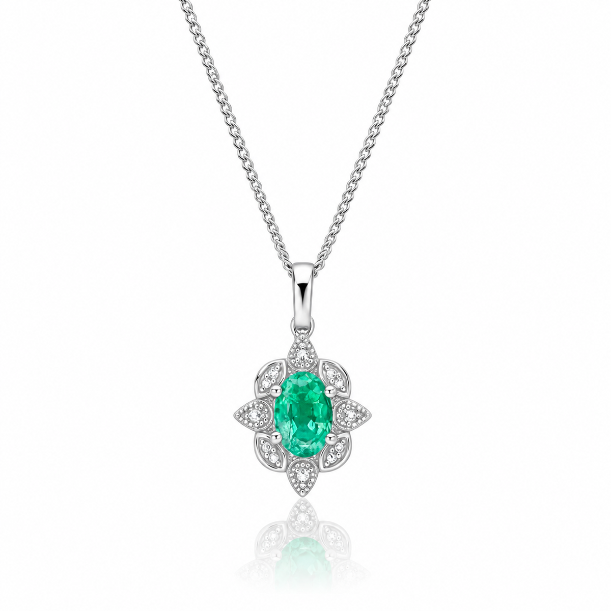 9ct white gold Art Deco emerald and diamond pendant necklace on adjustable chain