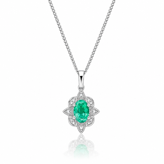 9ct white gold Art Deco emerald and diamond pendant necklace on adjustable chain