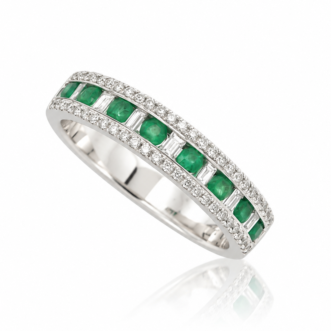 18ct white gold emerald and diamond eternity ring with alternating green gemstones and diamond detailing