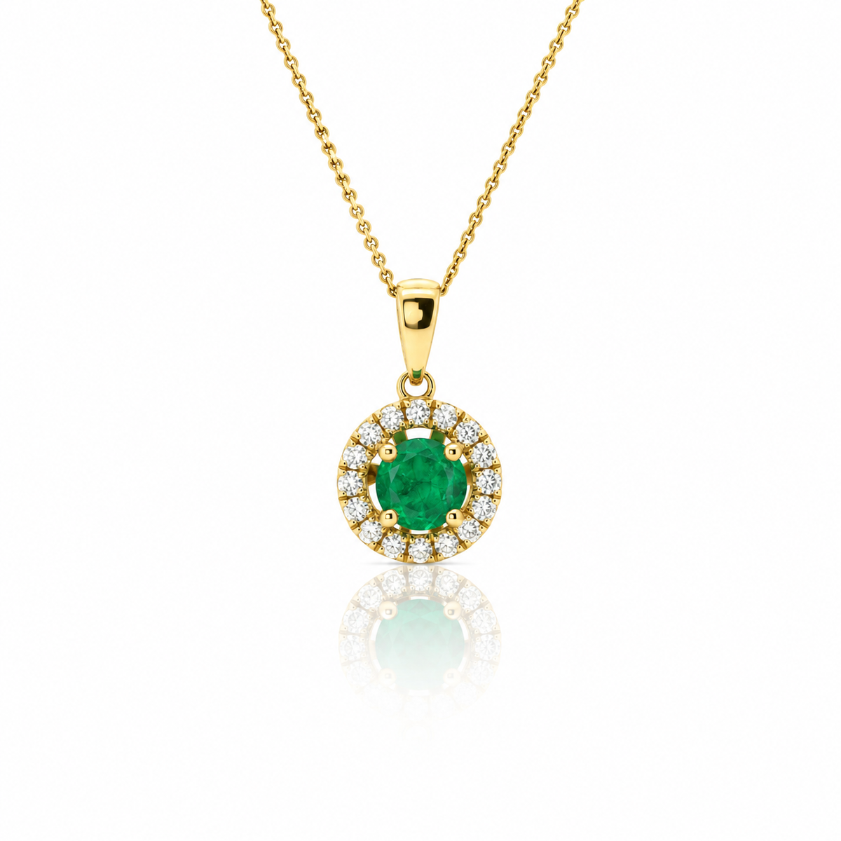 18ct gold Zambian emerald and diamond halo pendant