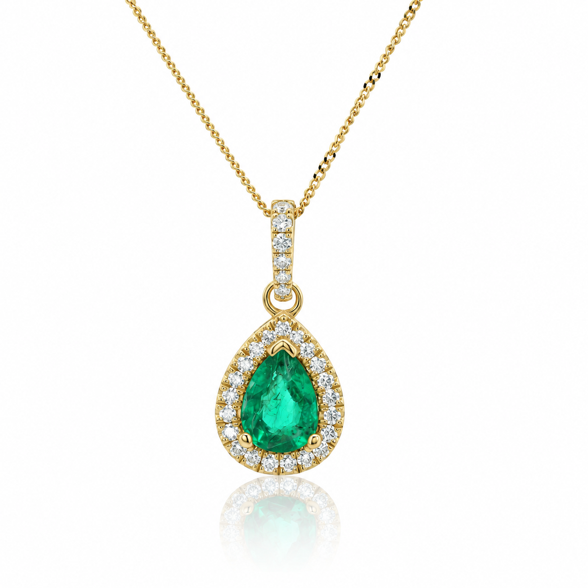 18ct yellow gold pear-cut emerald and diamond halo pendant with diamond-set bail