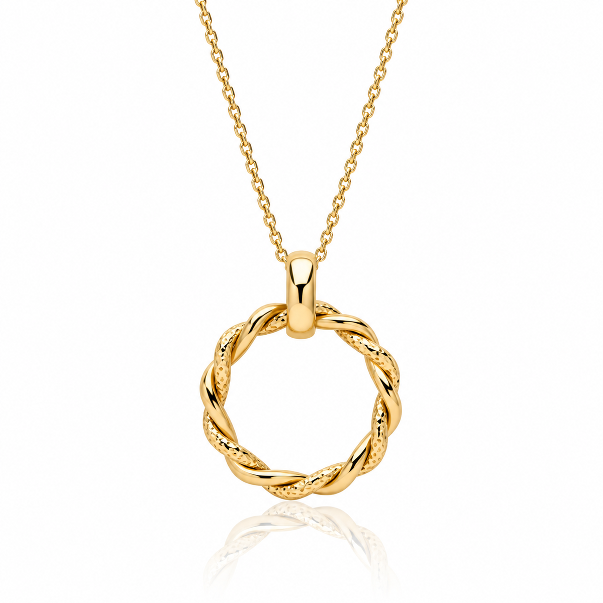 9ct yellow gold textured twist circle pendant on adjustable trace chain