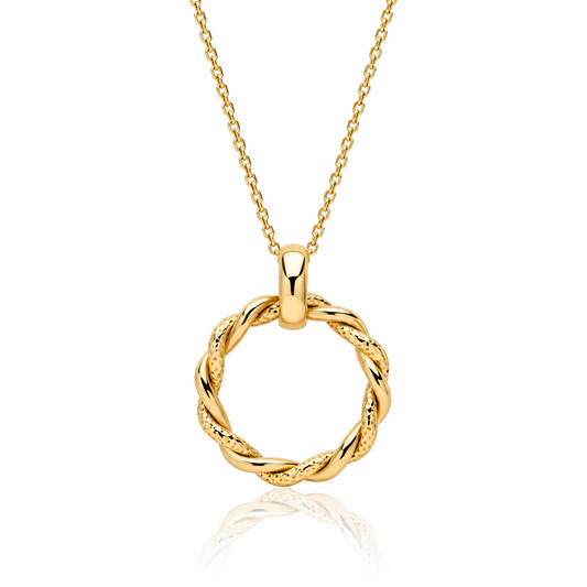 9ct yellow gold textured twist circle pendant on adjustable trace chain