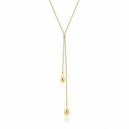 9ct yellow gold organic teardrop lariat necklace with polished finish