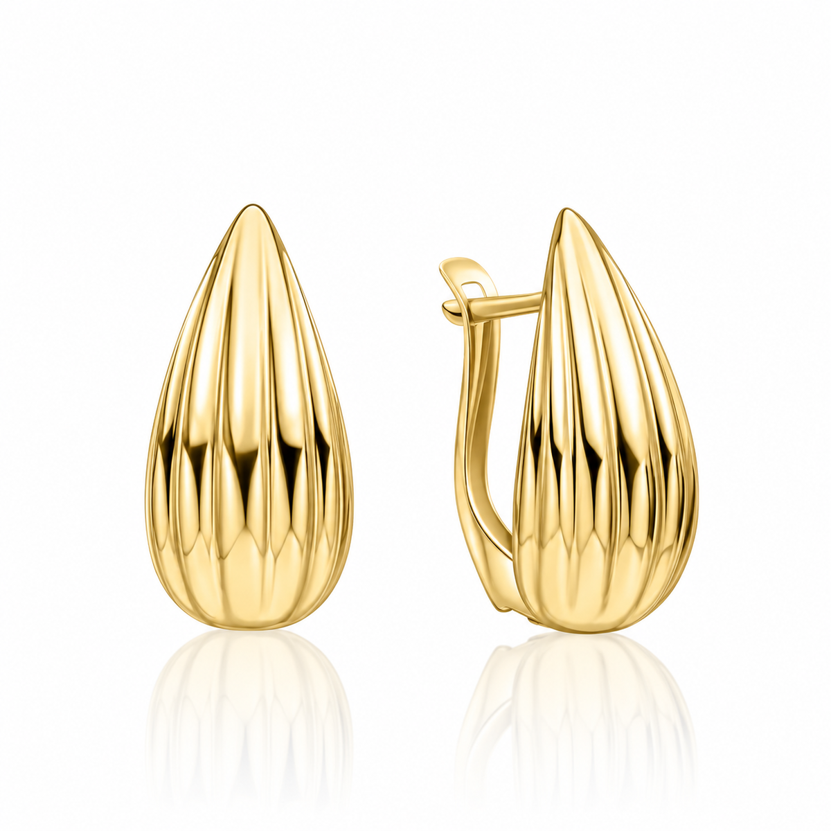 9ct yellow gold sculpted ridged teardrop hoop earrings