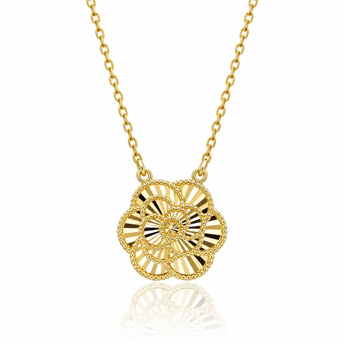 9ct yellow gold English rose necklace with diamond-cut floral detailing