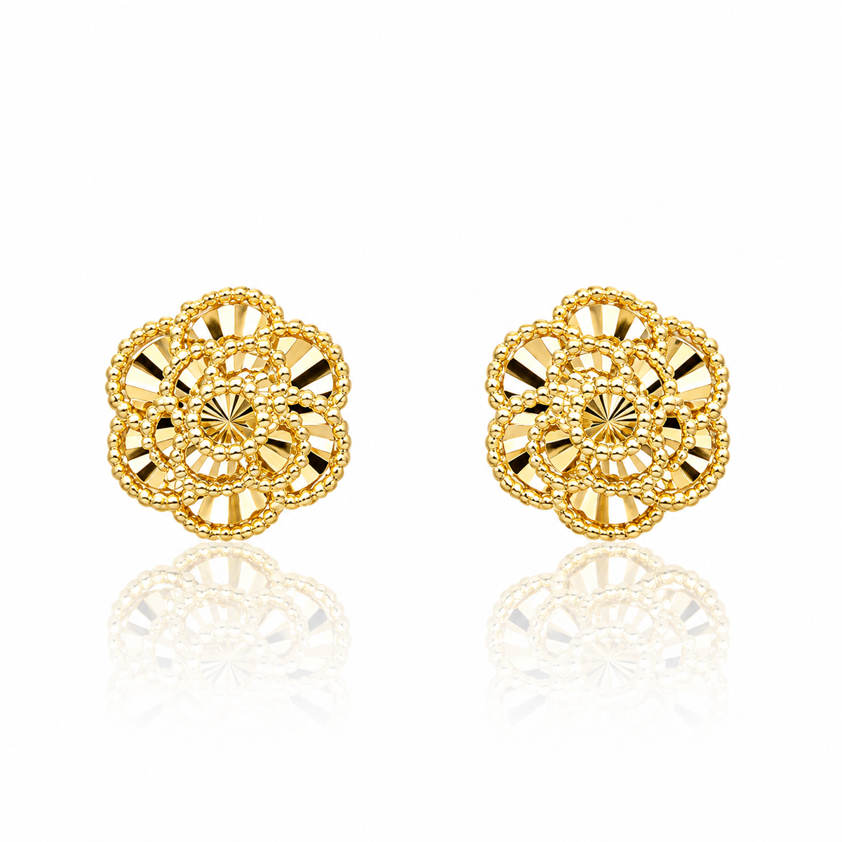 9ct yellow gold English rose stud earrings with diamond-cut floral detailing
