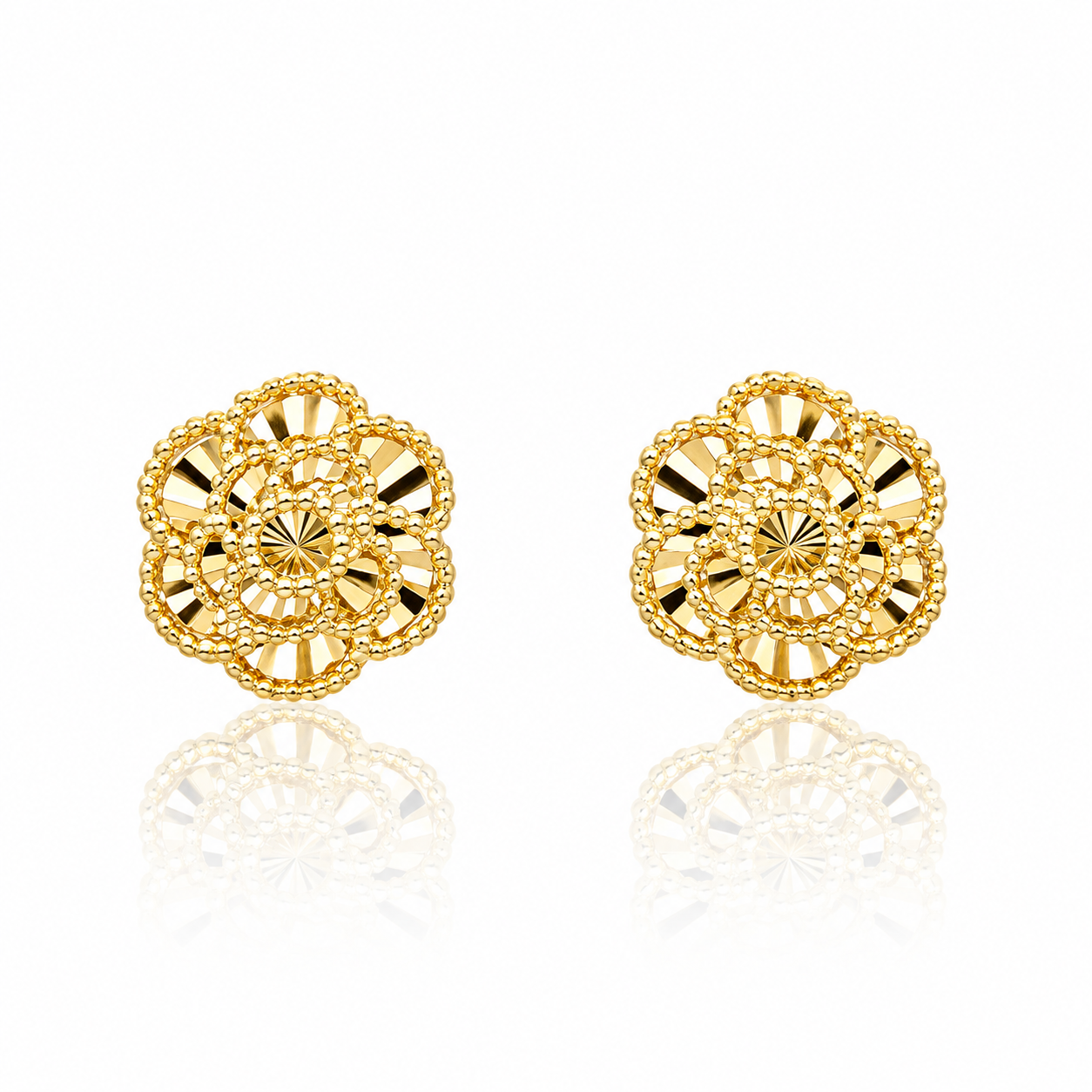 9ct yellow gold English rose stud earrings with diamond-cut floral detailing