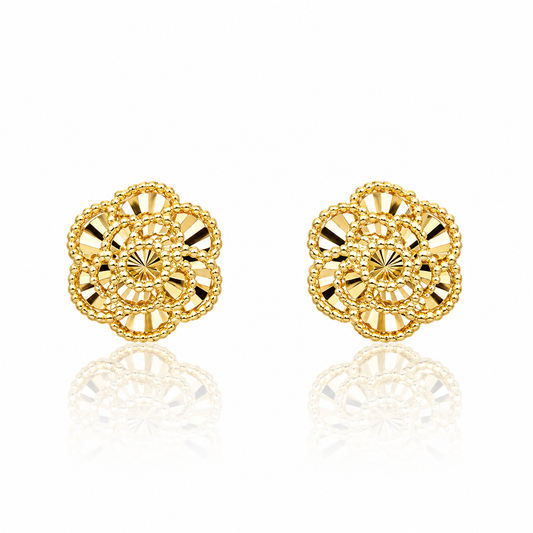 9ct yellow gold English rose stud earrings with diamond-cut floral detailing