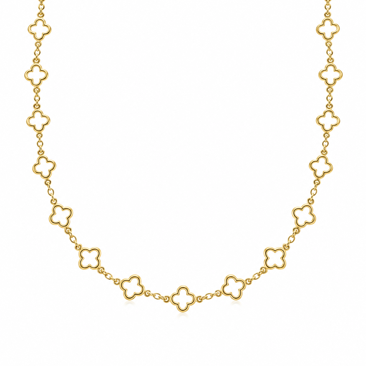 9ct yellow gold quatrefoil station necklace with repeating open motifs