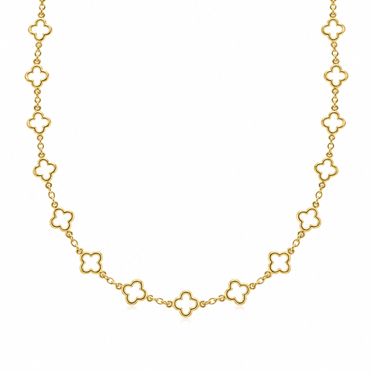 9ct yellow gold quatrefoil station necklace with repeating open motifs