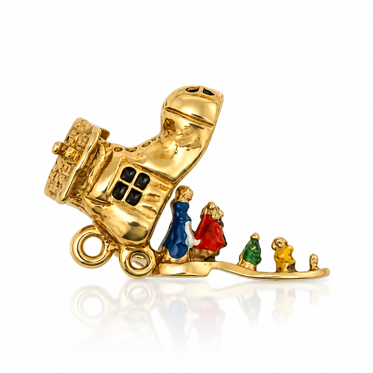 Open 9ct gold Old Woman Who Lived in a Shoe charm with colourful enamel figures