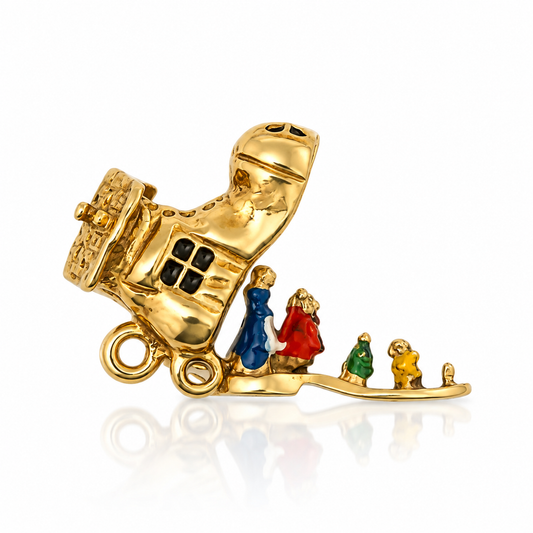Open 9ct gold Old Woman Who Lived in a Shoe charm with colourful enamel figures