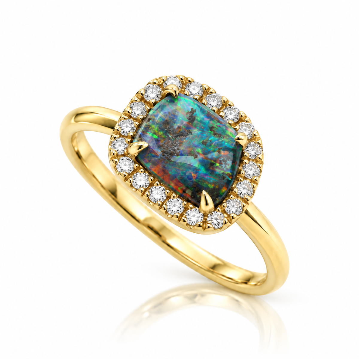 One-of-a-kind Australian boulder opal and diamond halo ring in 18ct yellow gold