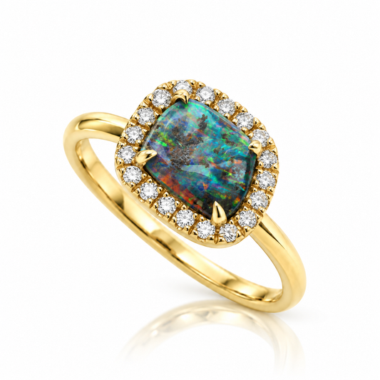 One-of-a-kind Australian boulder opal and diamond halo ring in 18ct yellow gold