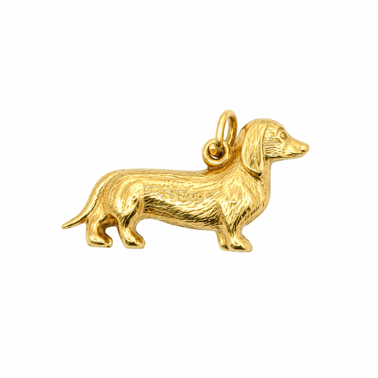 9ct yellow gold Dachshund sausage dog charm 20mm x 12mm on white background