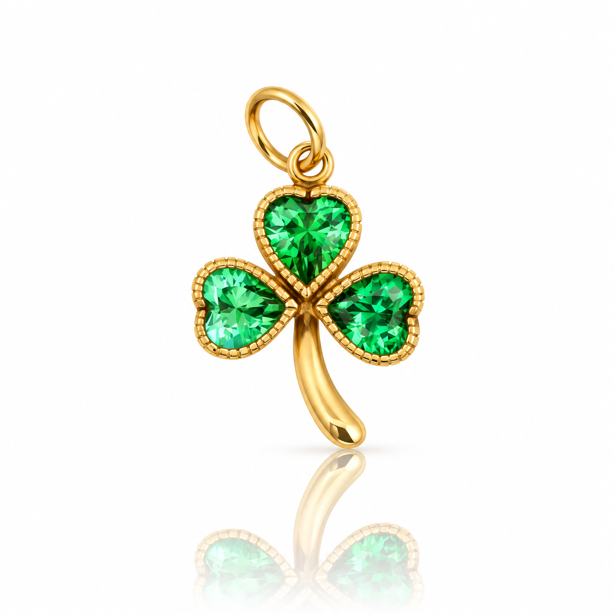 Vintage 9ct yellow gold shamrock charm with three heart-shaped green crystals, 16 x 14mm