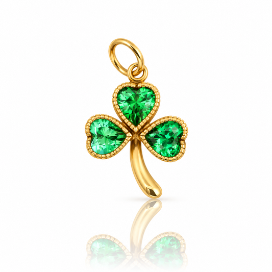 Vintage 9ct yellow gold shamrock charm with three heart-shaped green crystals, 16 x 14mm