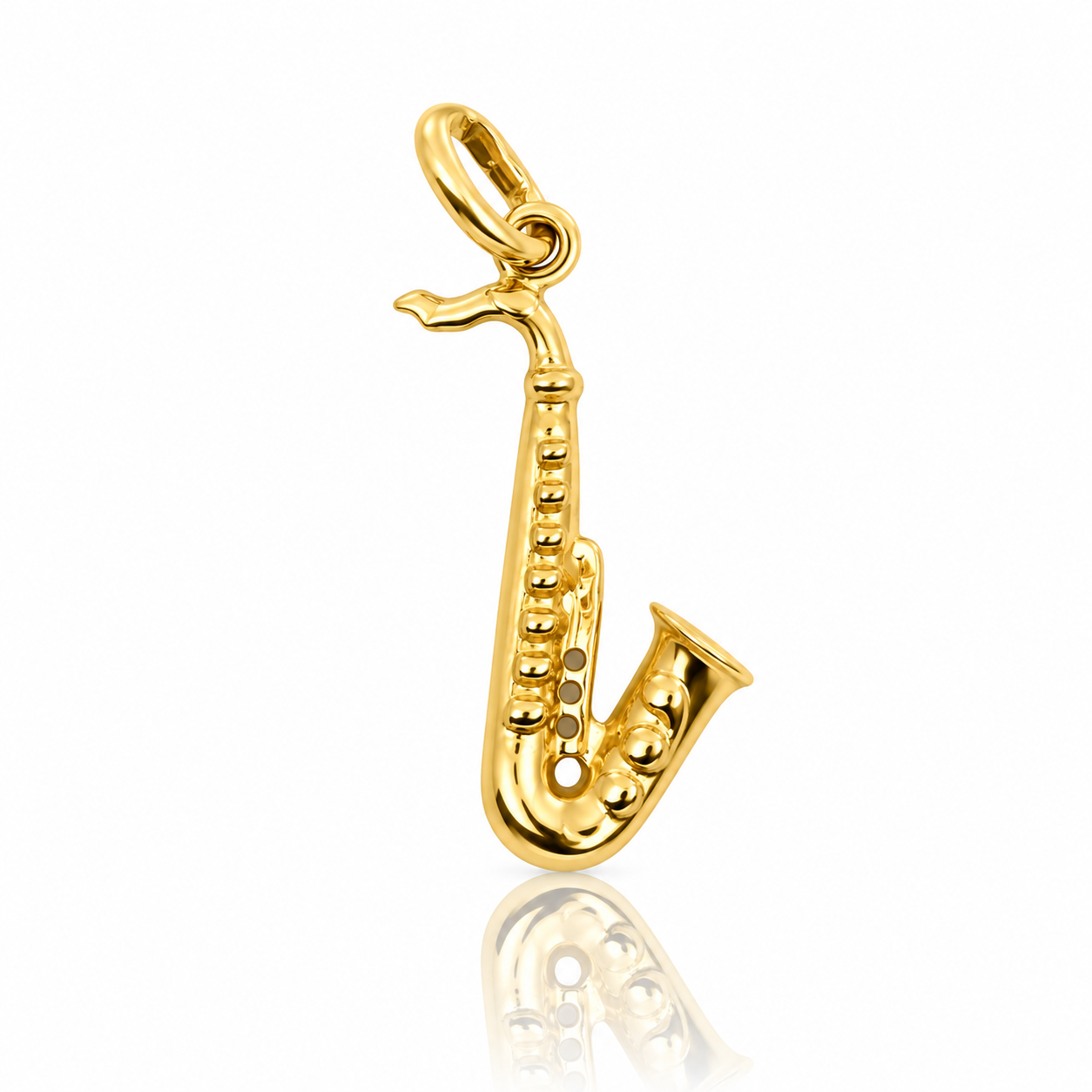9ct yellow gold saxophone charm with detailed keys and polished finish