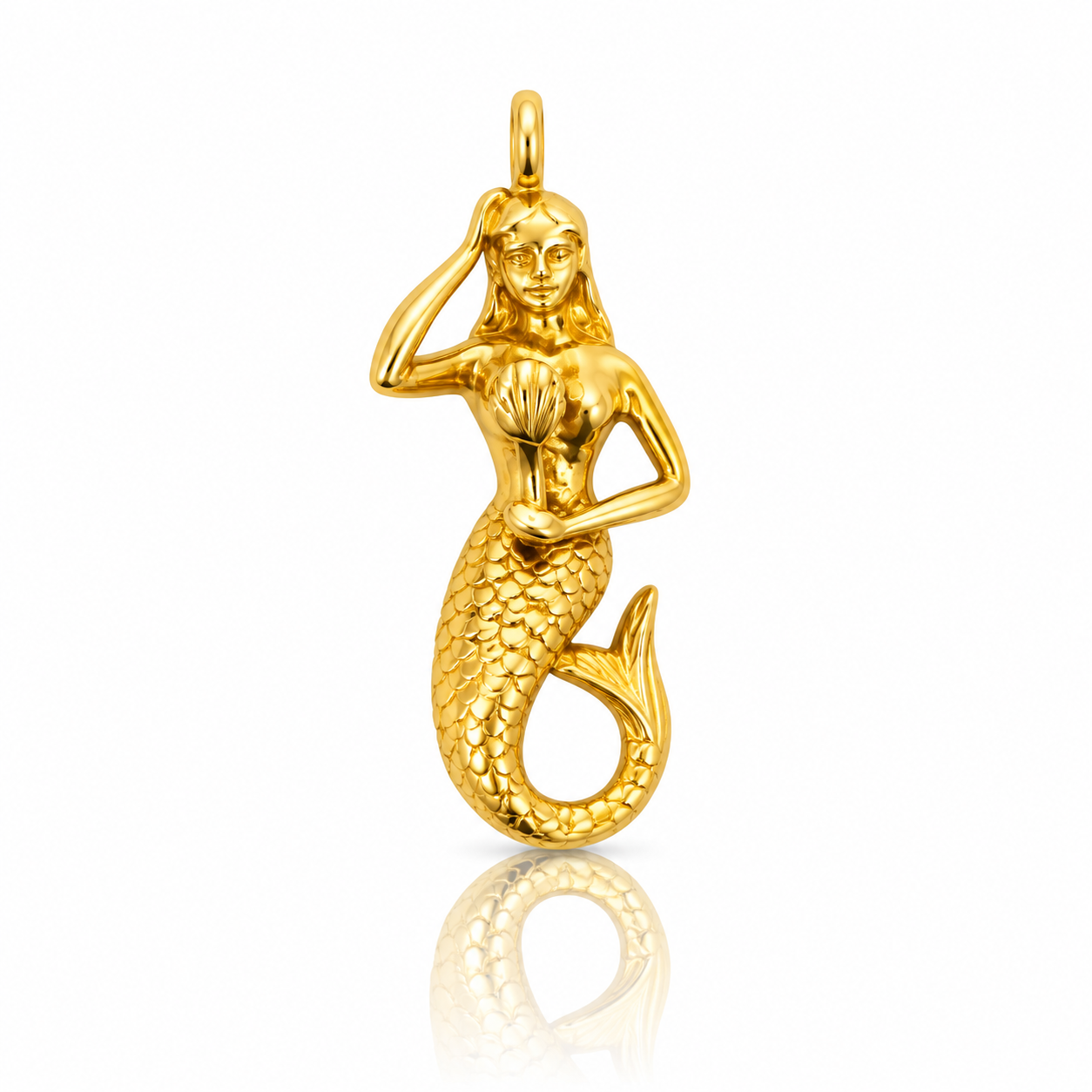 9ct gold mermaid charm with textured tail and shell detail, 27 x 12 mm