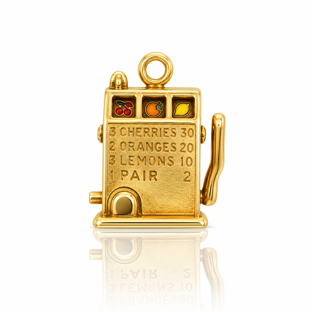 Vintage 9ct yellow gold slot machine charm measuring 14 × 12 mm