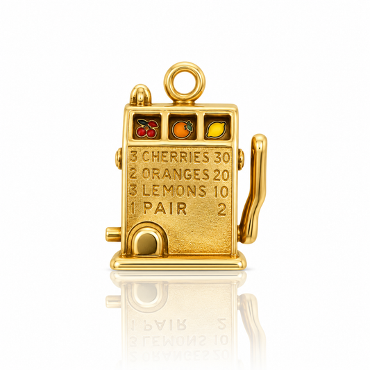 Vintage 9ct yellow gold slot machine charm measuring 14 × 12 mm