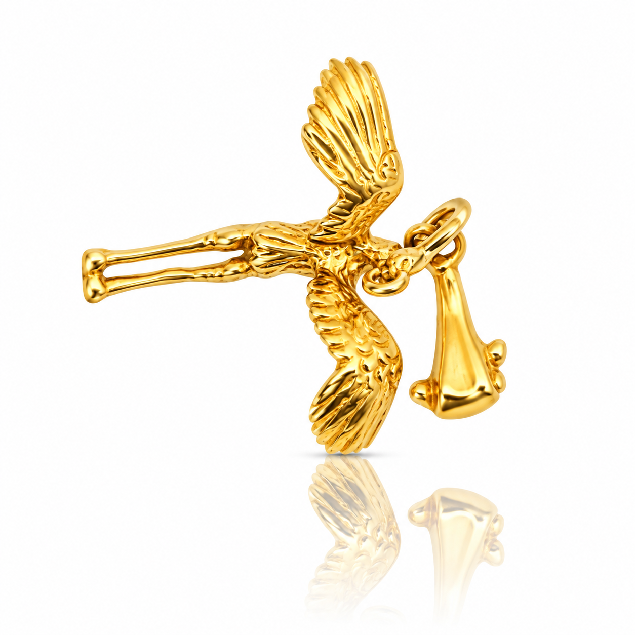 9ct yellow gold stork carrying baby bundle charm measuring 22.5 × 22 mm