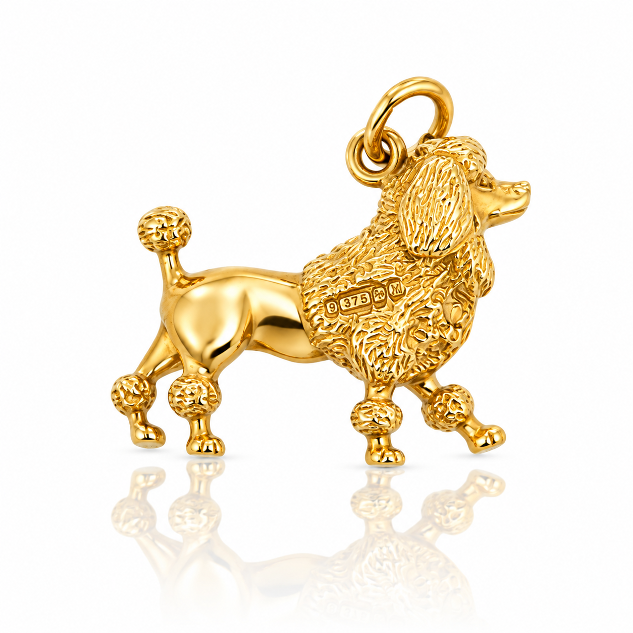 9ct yellow gold poodle dog charm with detailed textured coat, 19 × 15 mm