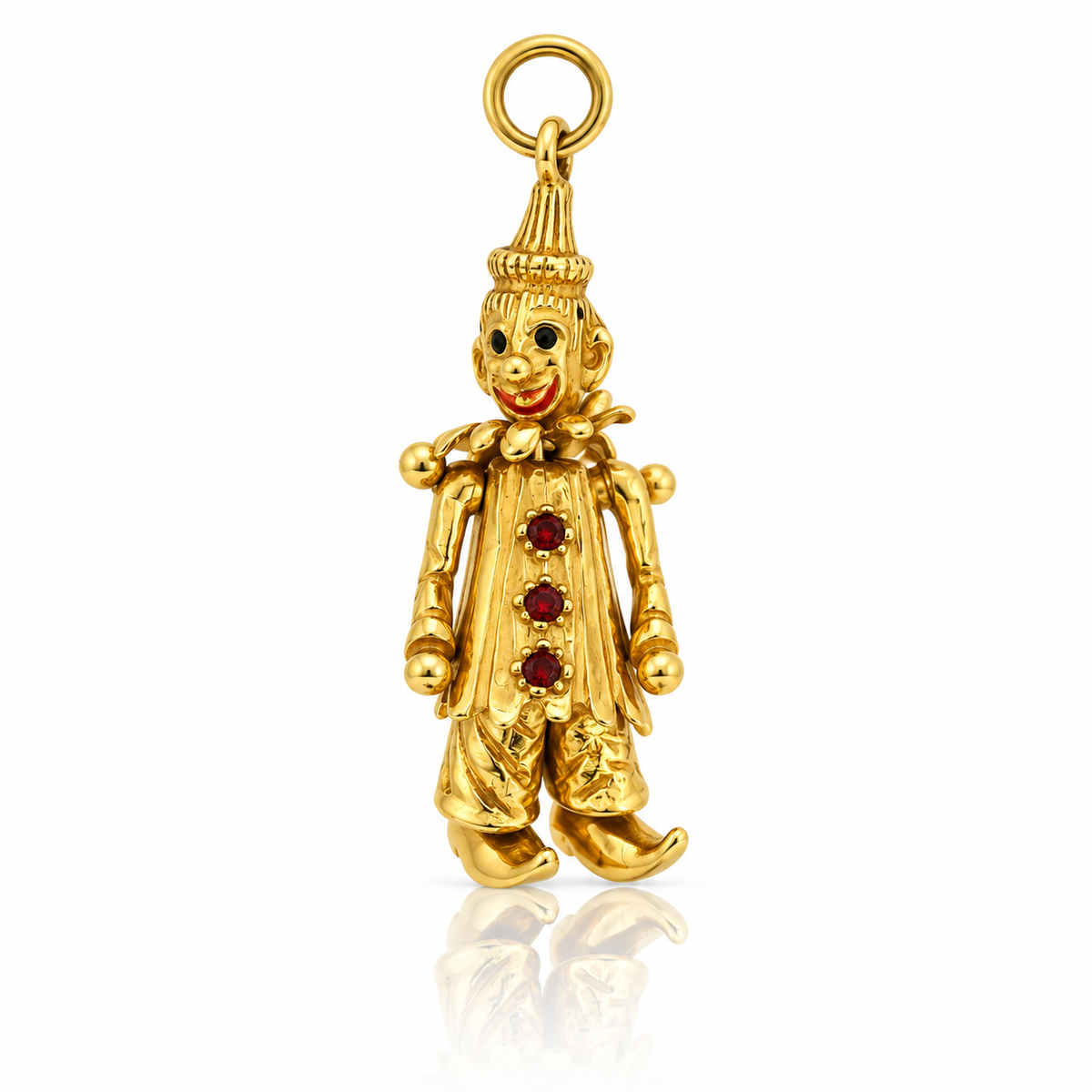 9ct yellow gold clown charm with three red stones, 30 × 12 mm