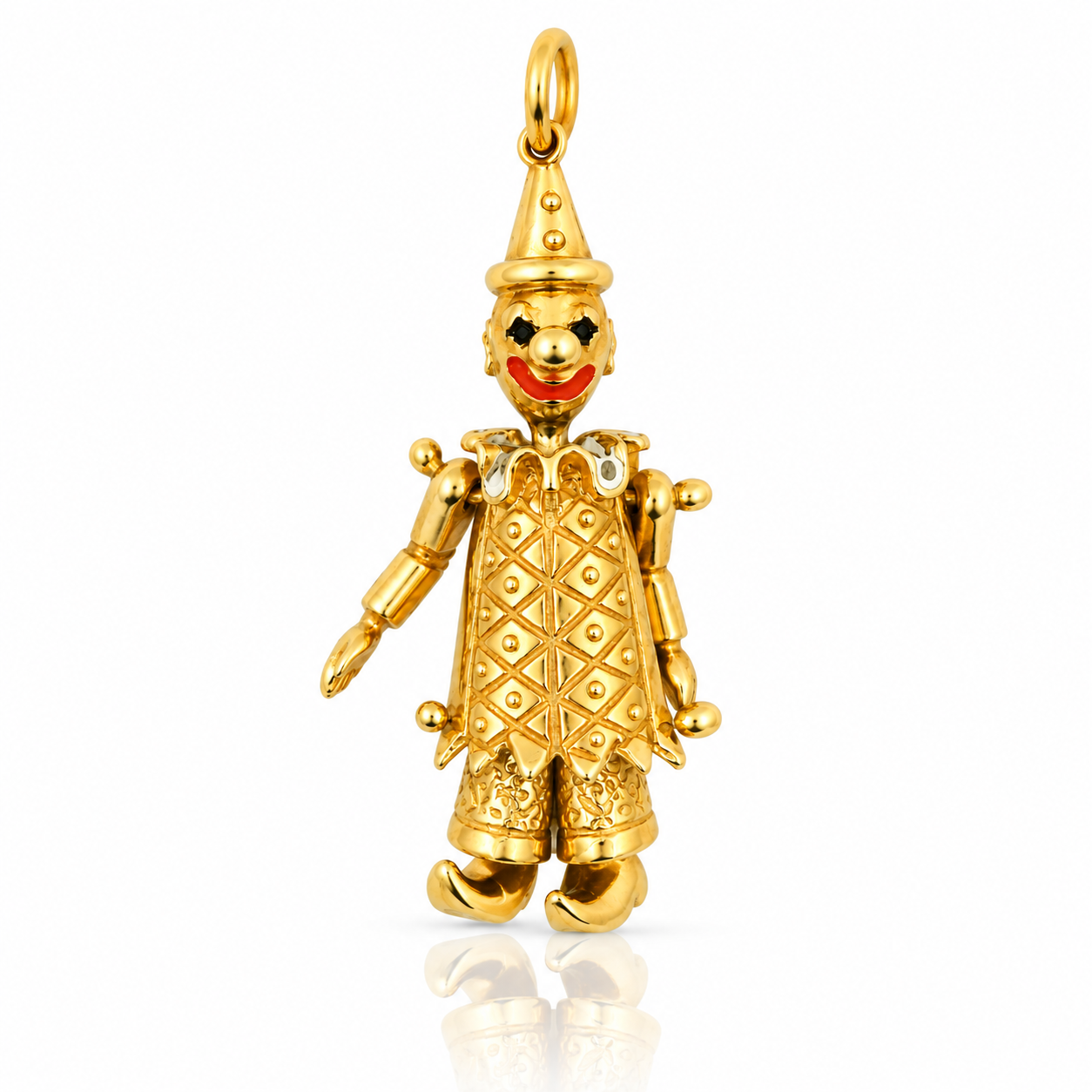 Vintage 9ct gold clown charm with detailed costume and colourful facial accents, 34 × 12 mm.
