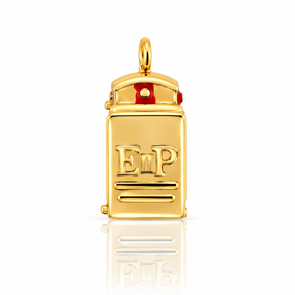 Vintage 9ct yellow gold telephone box charm with opening door and detailed interior, 15 × 8 mm.