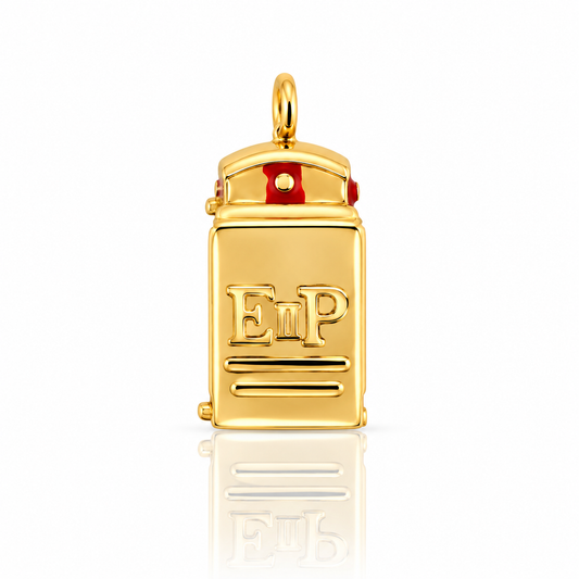 Vintage 9ct yellow gold telephone box charm with opening door and detailed interior, 15 × 8 mm.