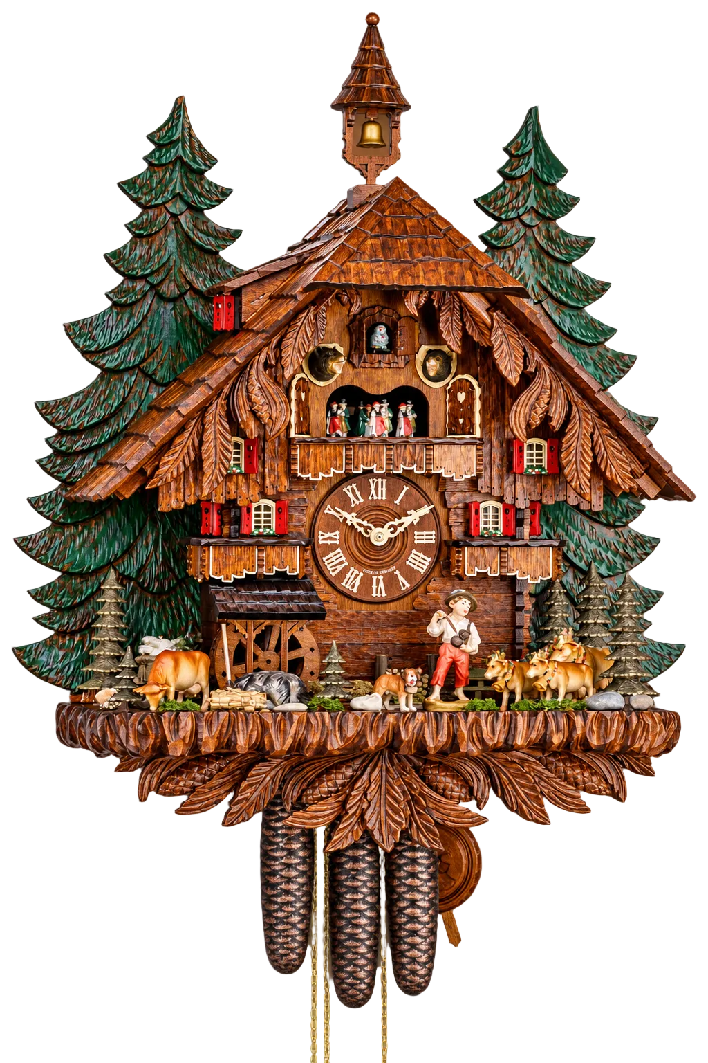 8-day Black Forest musical cuckoo clock with carved chalet, bell tower, woodland figures and pine trees