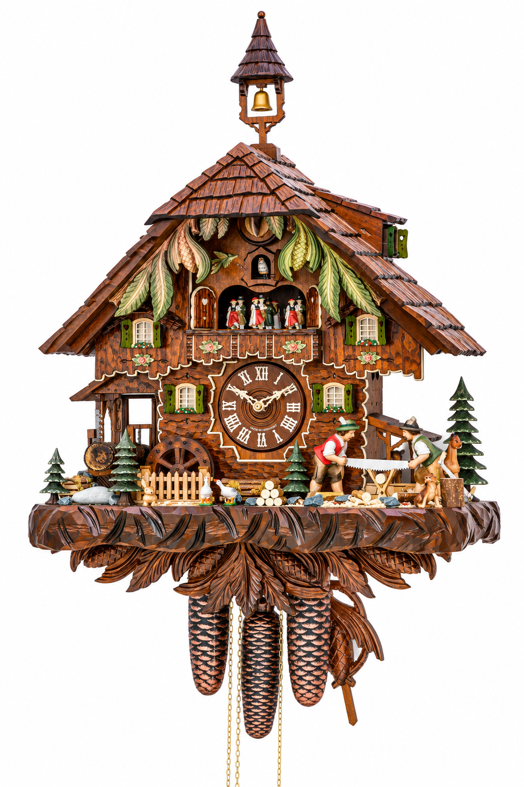 Hekas 3751/8 EX 8-day Black Forest musical cuckoo clock with animated saw mill, dancing figures and carved chalet