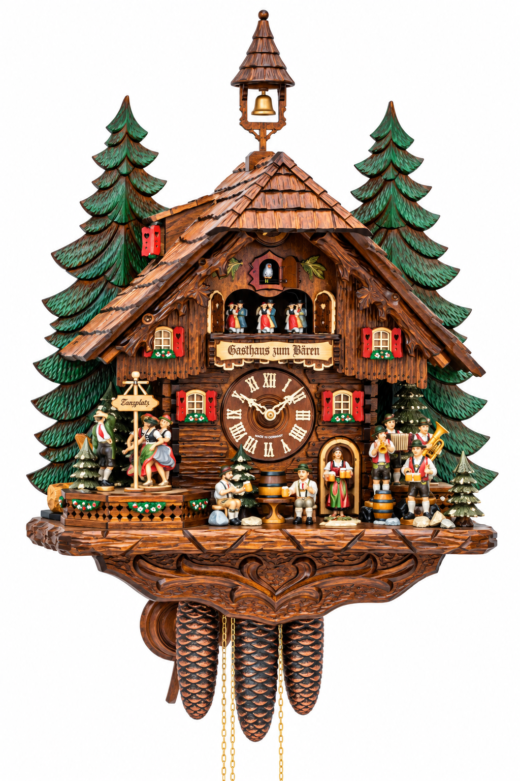8-day Black Forest musical cuckoo clock with dancing couples, musicians, moving waterwheel, hand-carved wooden village scene and 36-tone music box.