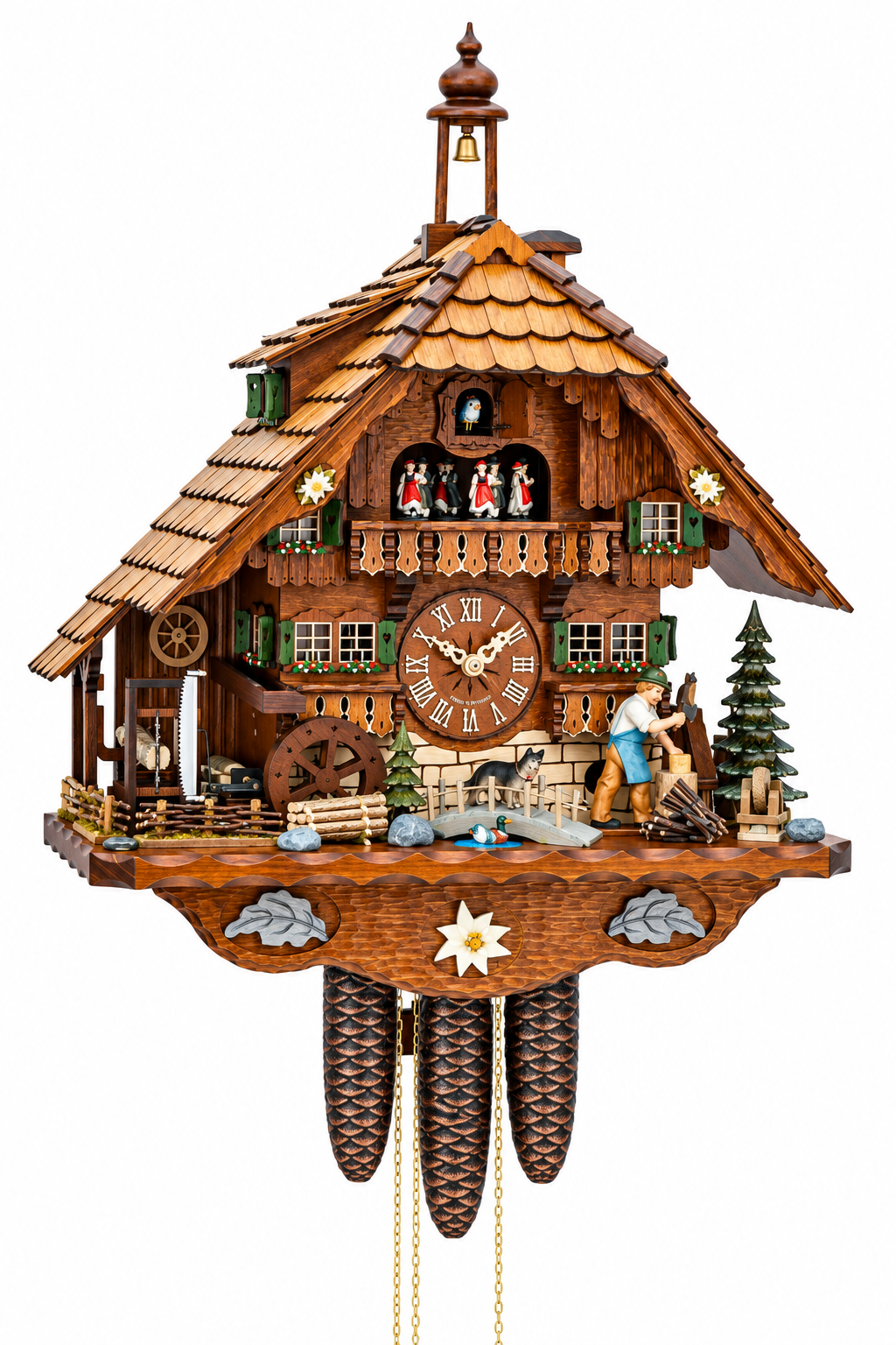 8-day Black Forest musical cuckoo clock with moving sawmill, wood chopper, waterwheel, dancing figures and carved wooden chalet