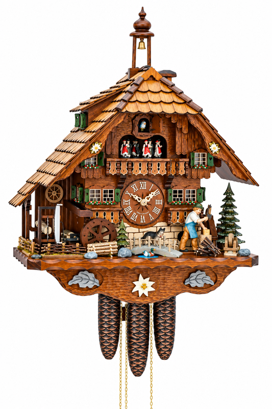 8-day Black Forest musical cuckoo clock with moving sawmill, wood chopper, waterwheel, dancing figures and carved wooden chalet