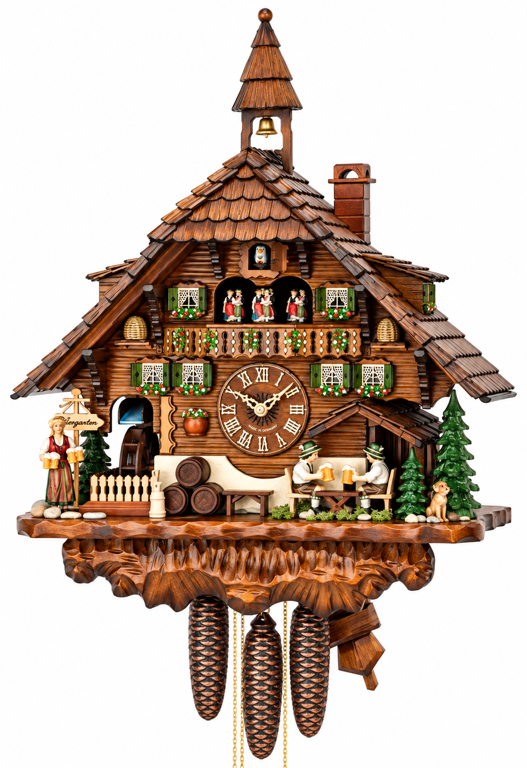 8-day Black Forest musical cuckoo clock with wooden chalet, moving dancers and traditional beer garden scene
