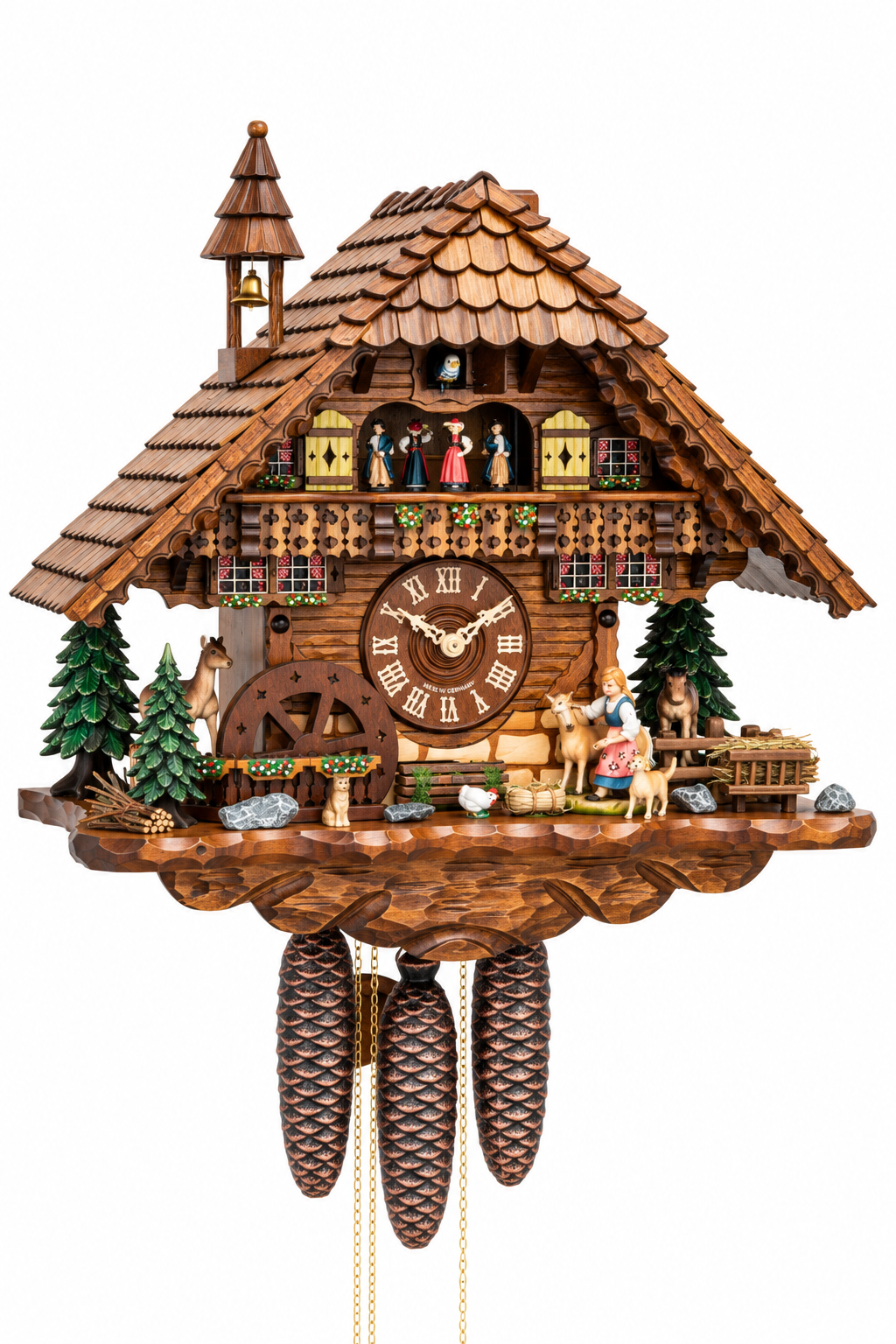 8-day Black Forest musical cuckoo clock with moving waterwheel, dancing figures and Alpine farm scene
