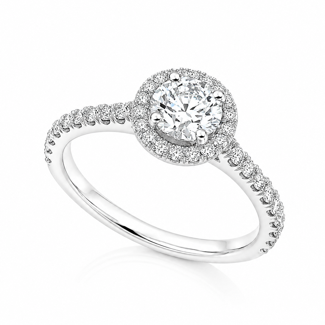 The Arabella Platinum 950 engagement ring with GIA-certified 0.90ct E VS2 natural round brilliant diamond, halo and diamond-set shoulders.